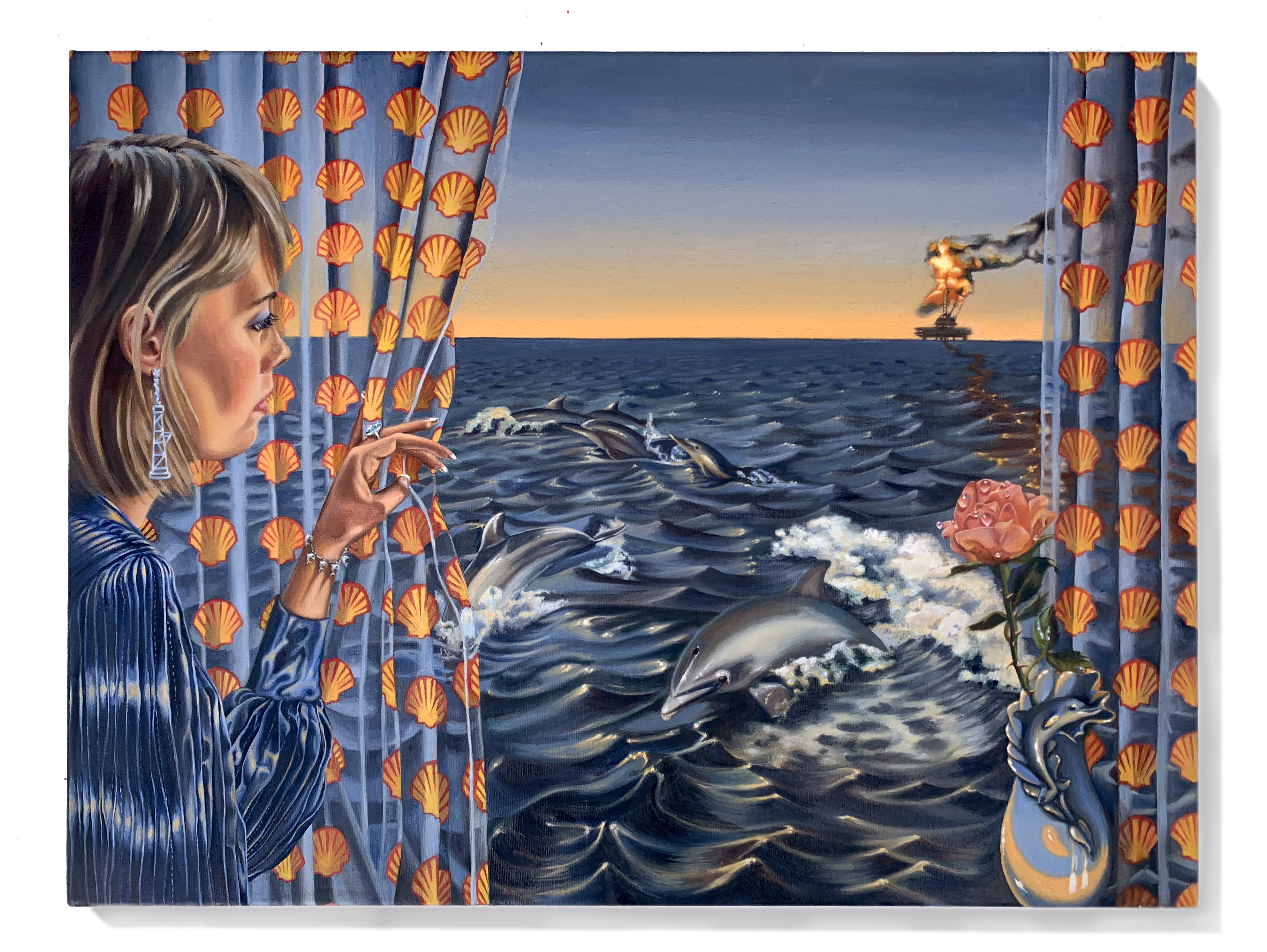 Participant, 18x24 2020 <br>oil on canvas<br><br>As mentioned by marine biologist, Dr. Ayana Johnson, in Alie Ward’s podcast, “Ologies with Alie Ward”, “BP (The British Petroleum Company) first promoted the term ‘carbon footprint’ in 2004 to introduce individual decisions, and political decisions and responsibility, rather than focus on blaming corporations."